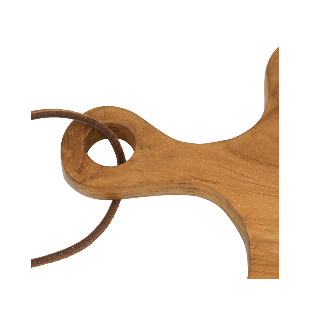 Teak Wood Cutting Board Brown and Leather Hanging Strap - Haus of Powell