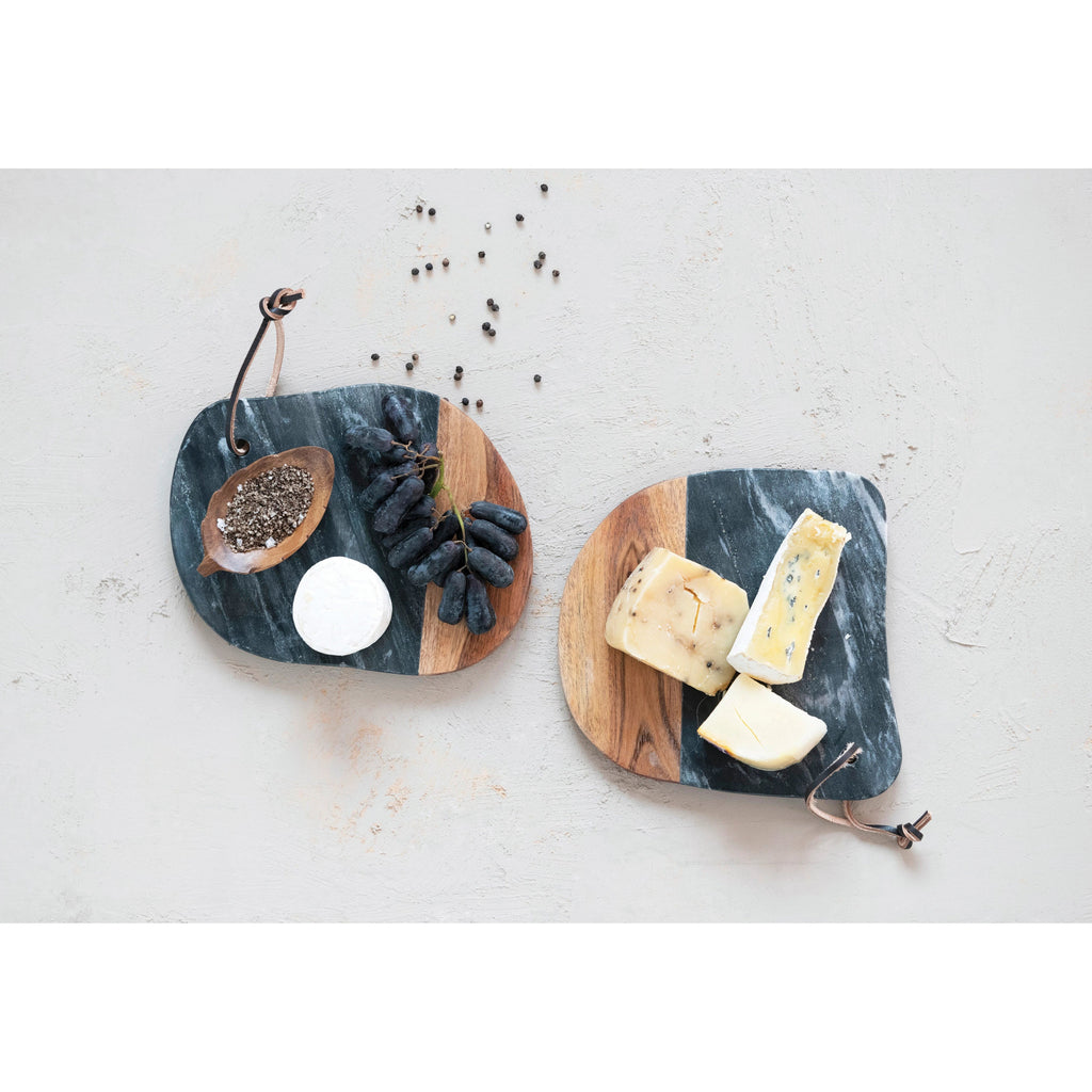 Marble and Acacia Wood Organic Shaped Cheese/Cutting Board with Leather Tie - Haus of Powell