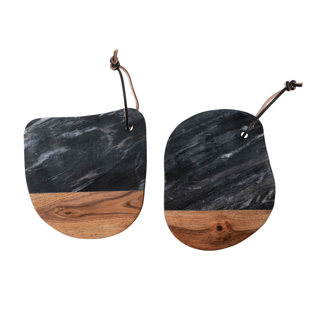 Marble and Acacia Wood Organic Shaped Cheese/Cutting Board with Leather Tie - Haus of Powell