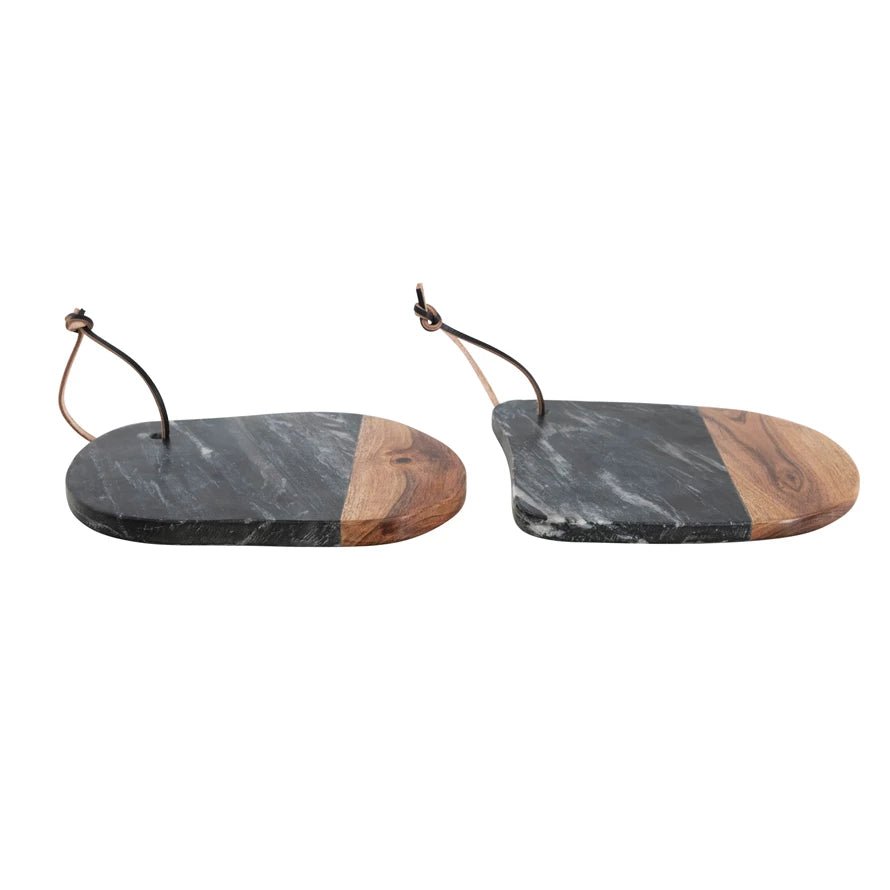 Marble and Acacia Wood Organic Shaped Cheese/Cutting Board with Leather Tie - Haus of Powell