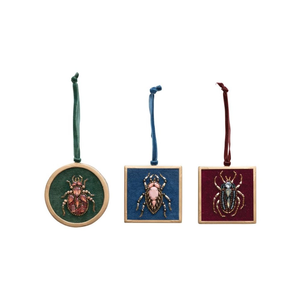 Metal Framed Beetle Ornament w/ Beads & Velvet Ribbon - Haus of Powell