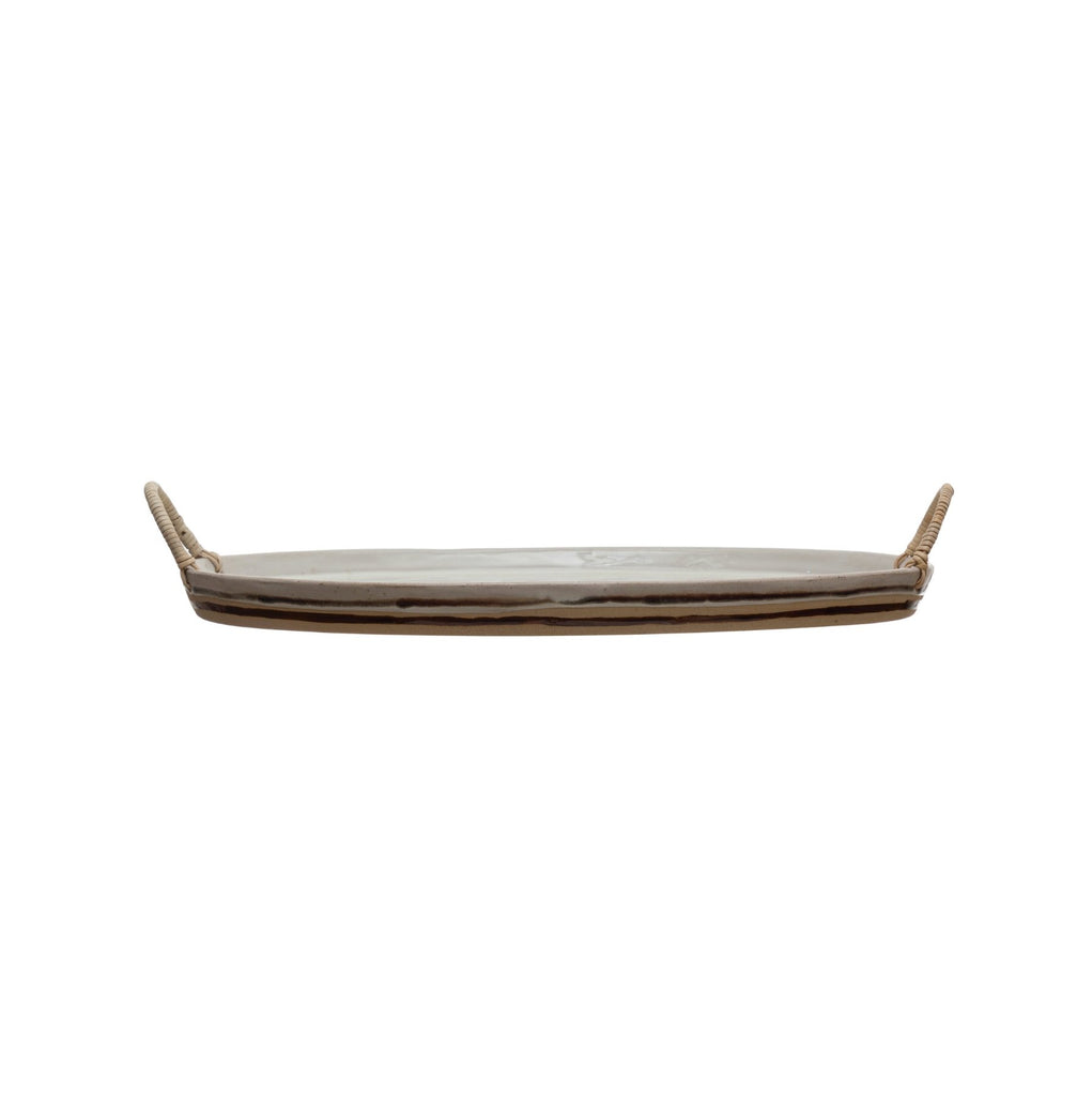 Stoneware Platter with Rattan Wrapped Handles - Haus of Powell